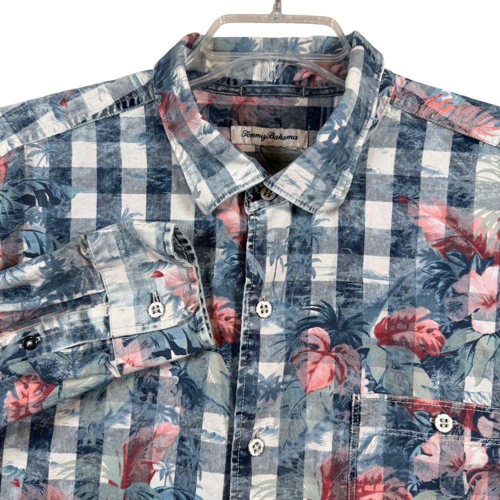 Tommy Bahama Button Down Shirt Mens XL Blue Gingham Tropical Floral Long Sleeve